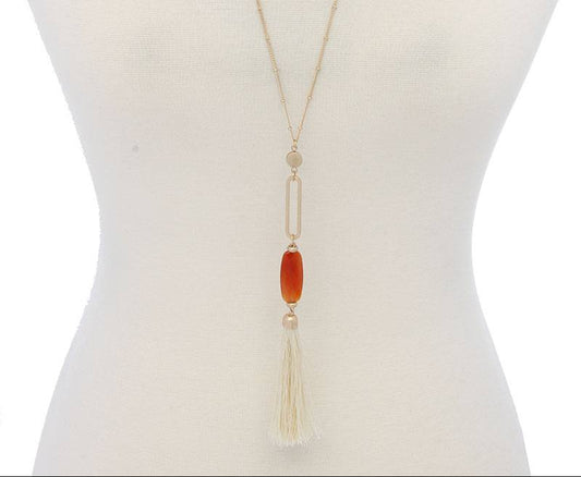 Cut Out Long Oval Bead Tassel Pendant Necklace