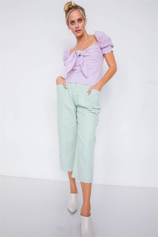 Pastel Chic Solid Ankle Wide Leg Adjustable Snap Waist Pants