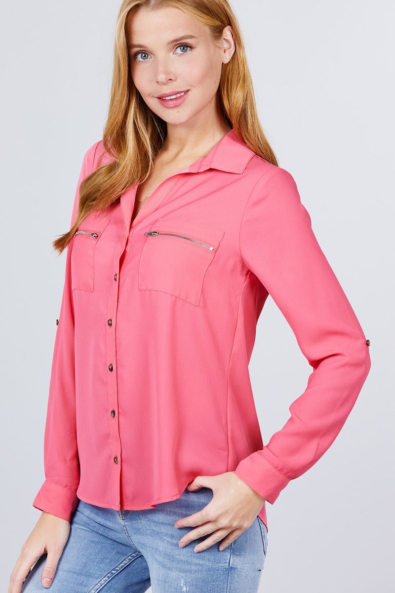 3/4 Roll Up Sleeve Pocket W/zipper Detail Woven Blouse