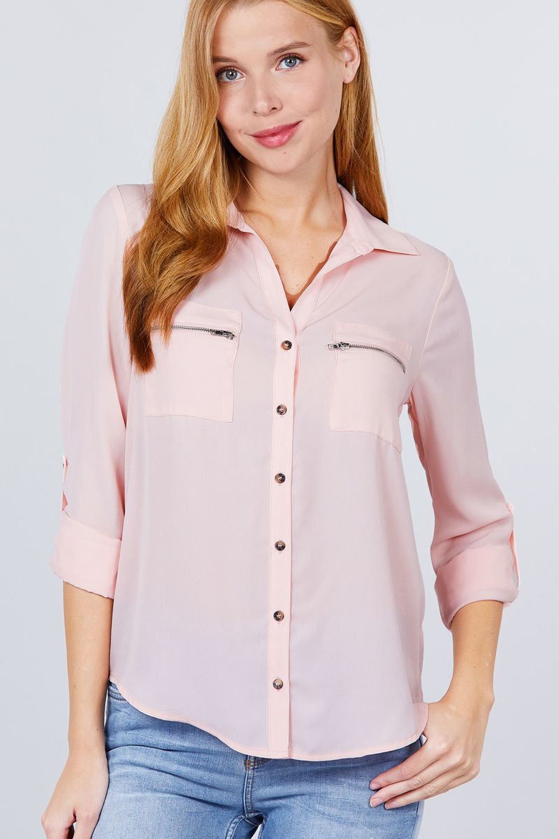 3/4 Roll Up Sleeve Pocket W/zipper Detail Woven Blouse