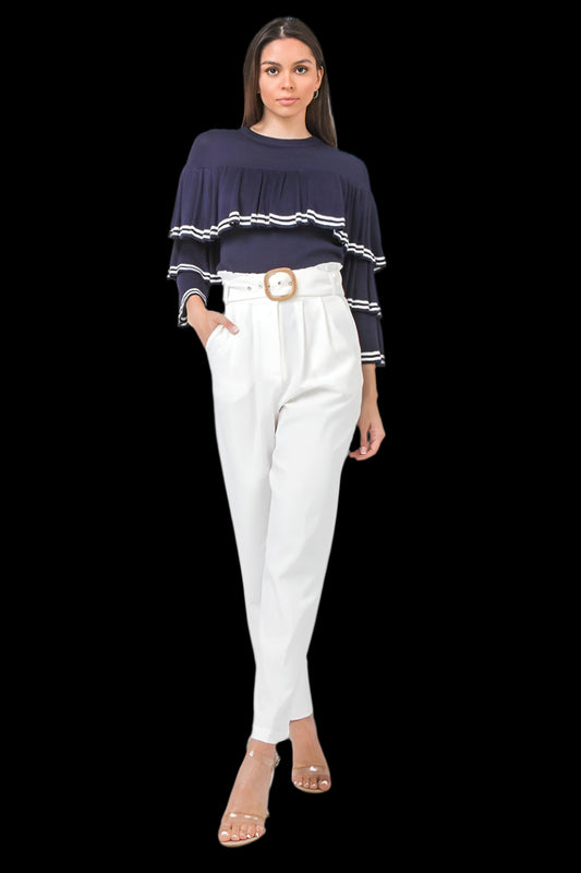 A Solid Pant Featuring Paperbag Waist With Rattan Buckle Belt