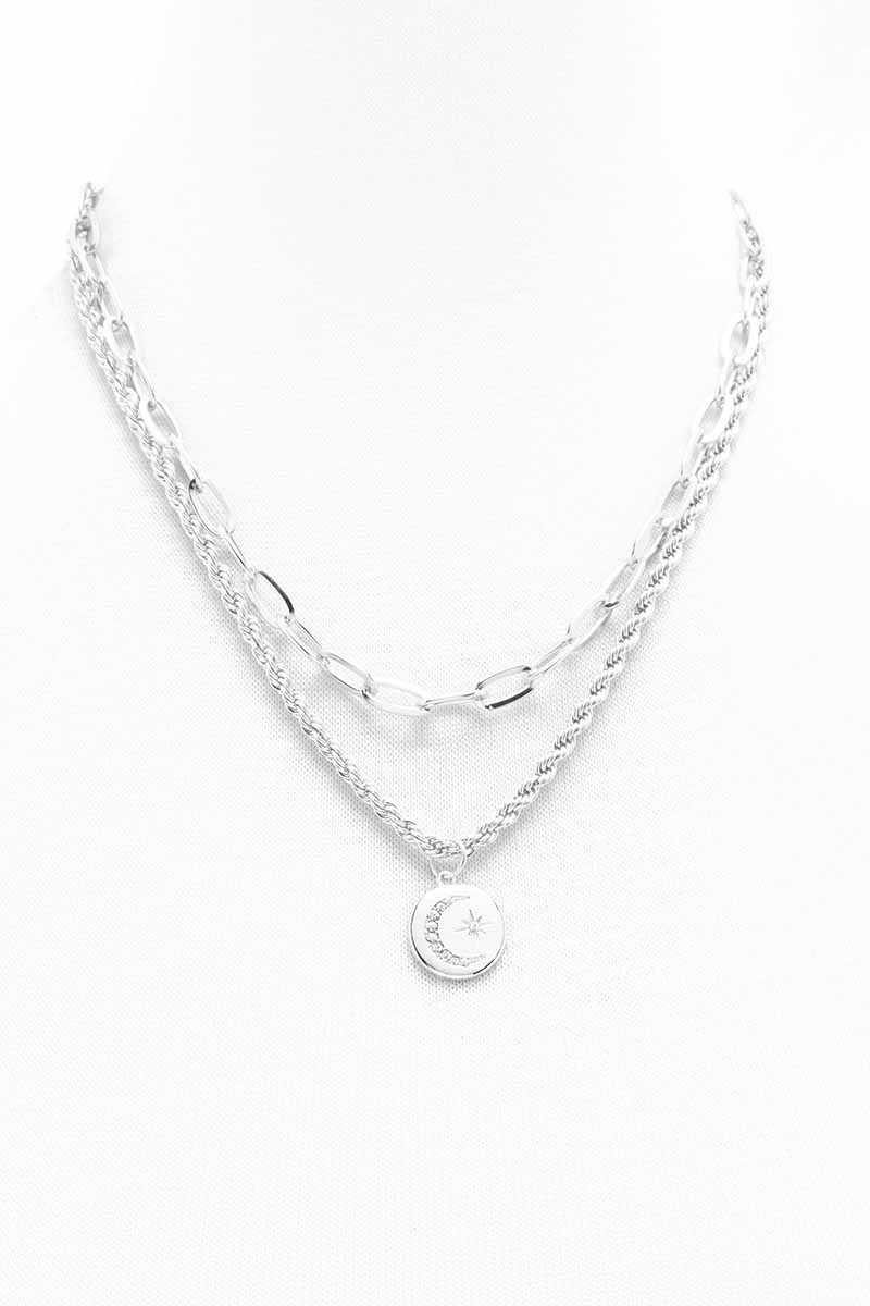 2 Layered Metal Chain Round Pendant Necklace