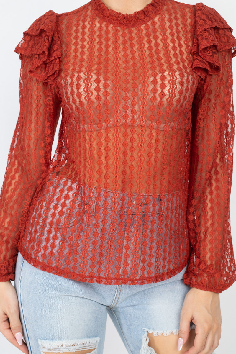 Sheer Crochet Lace Ruffled Top