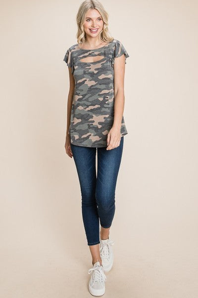 Army Camo Printed Cut Out Neckline Short Flutter Sleeves Casual Basic Top