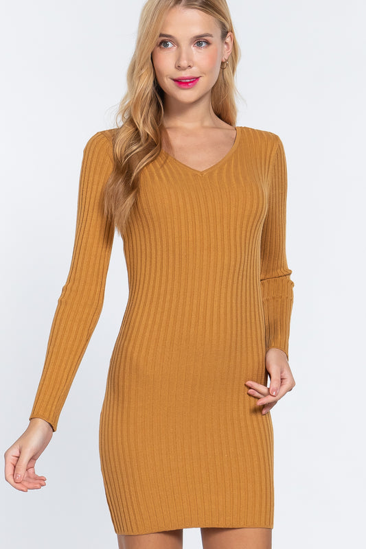 Long Slv V-neck Sweater Mini Dress