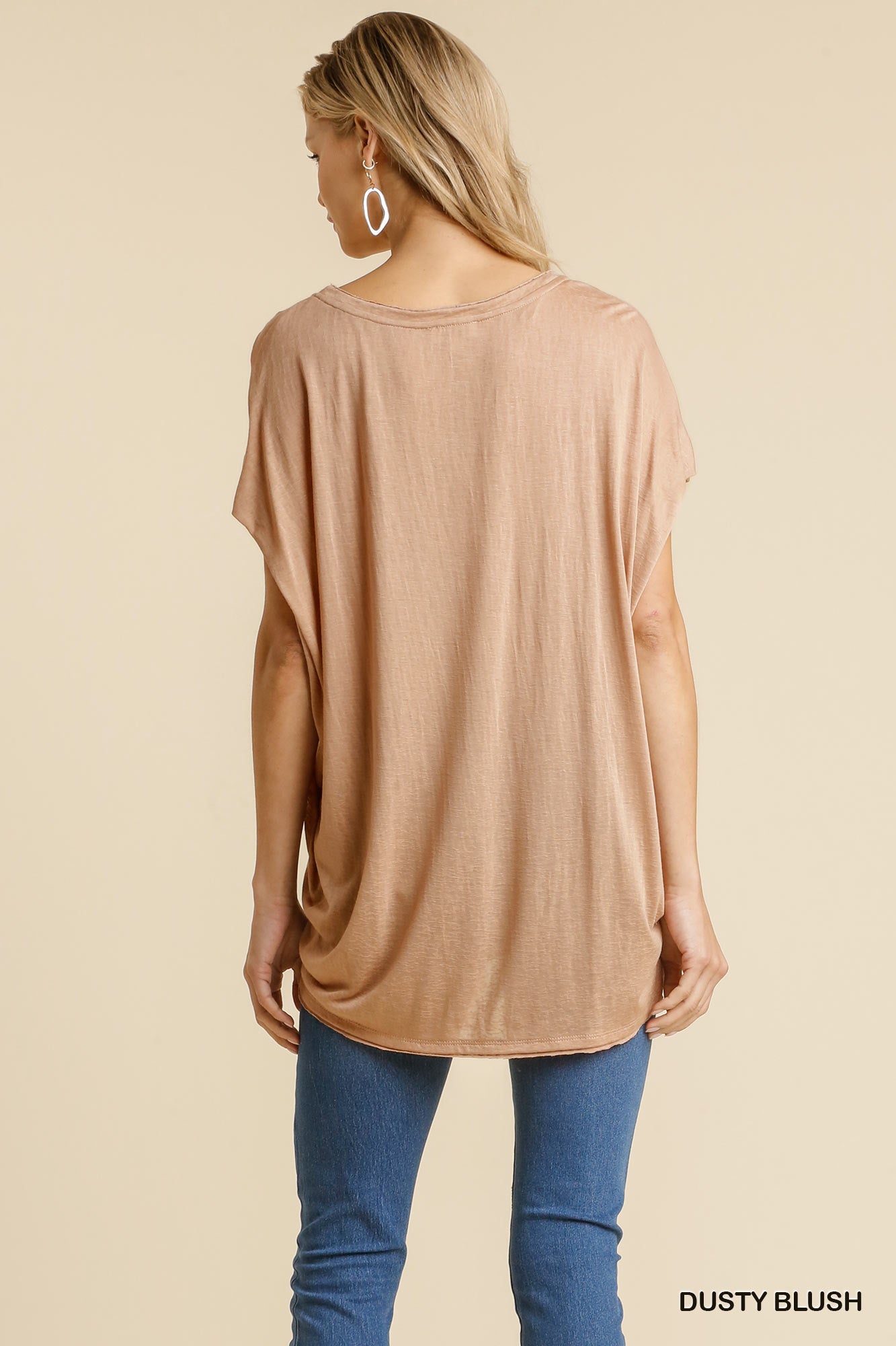 Short Sheer Dolman Sleeve Scoop Neck Top With Side Slit