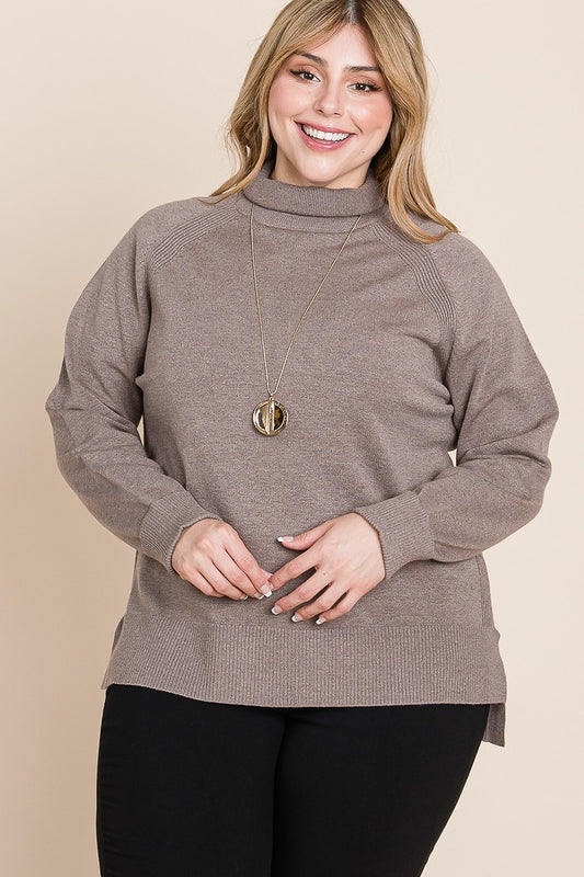 Plus Size High Quality Buttery Soft Solid Knit Turtleneck Two Tone High Low Hem Sweater