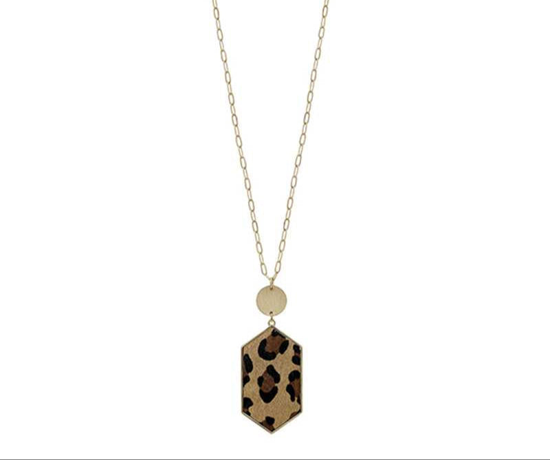 Metal Chain Hexagon Leopard Pendant Long Necklace