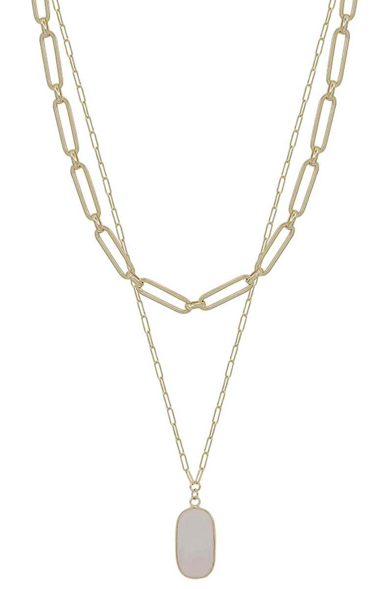 2 Layered Metal Chain Stone Pendant Necklace