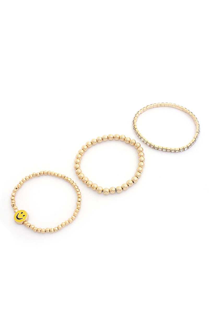 Enamel Happy Face Charm Rhinestone Ball Bead Bracelet Set