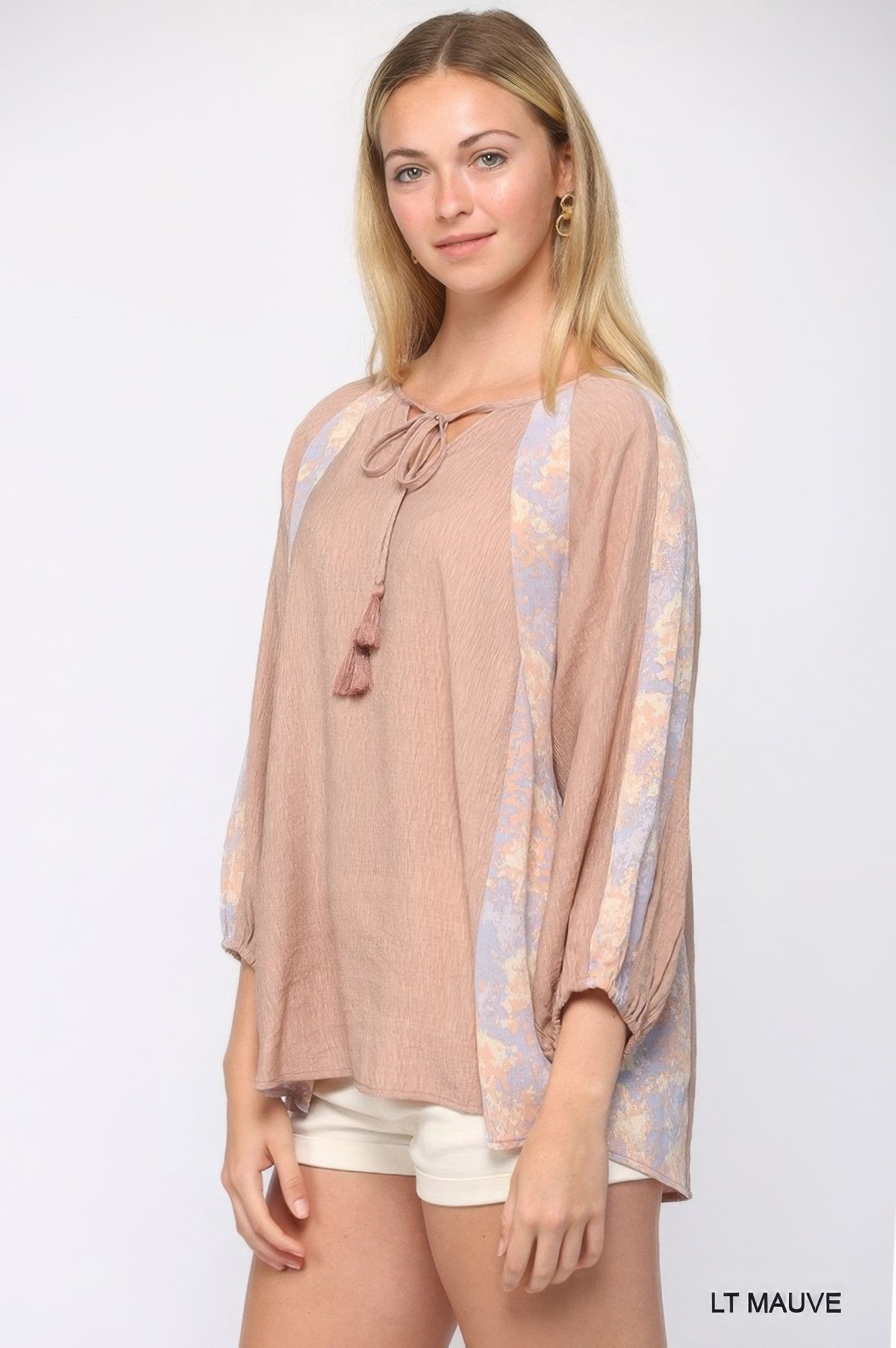 Solid Crinkle And Print Mix Raglan Sleeve Top With Tassel Tie