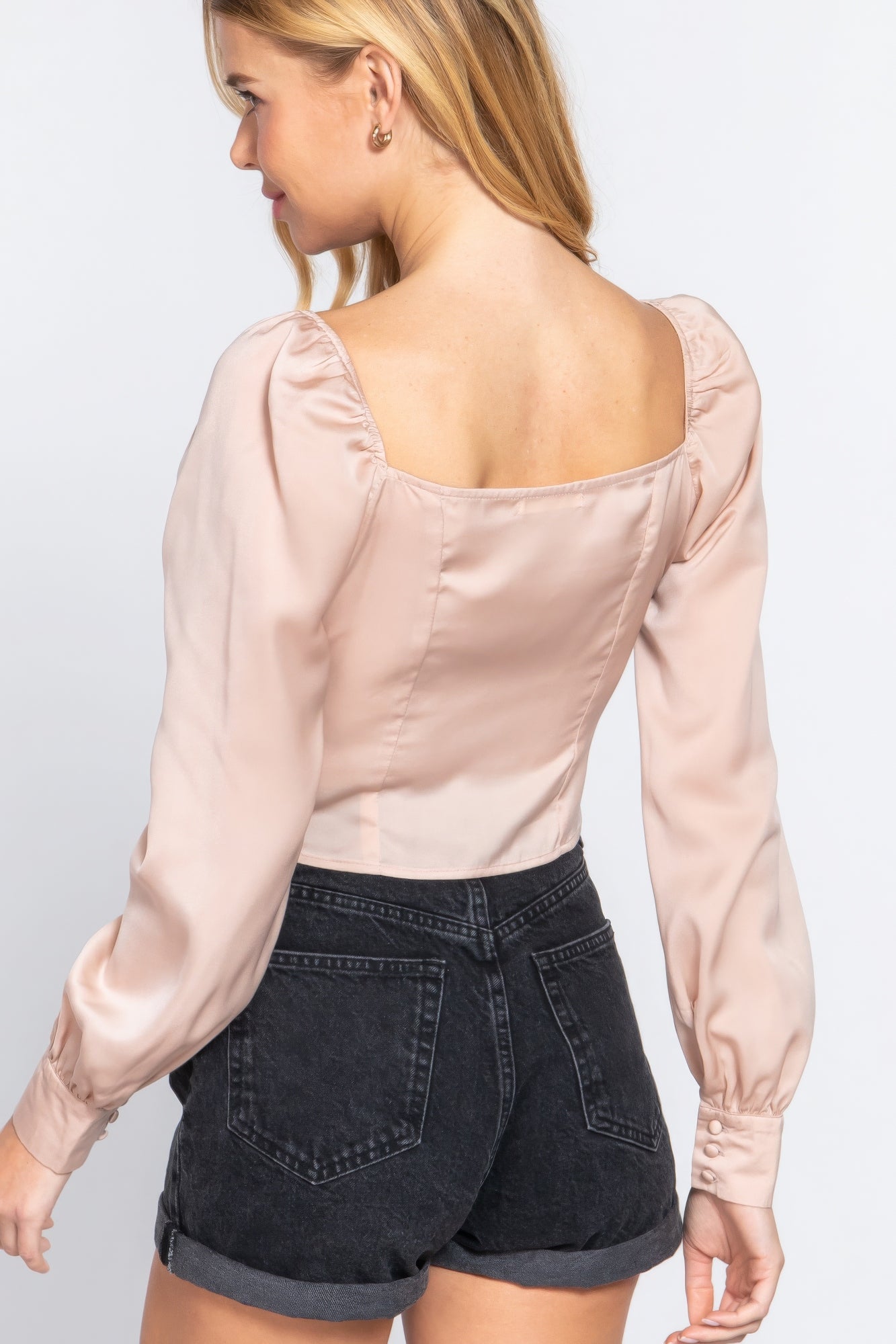 Long Sleeve Sweetheart Neck Front Ribbon Tie Detail Woven Top