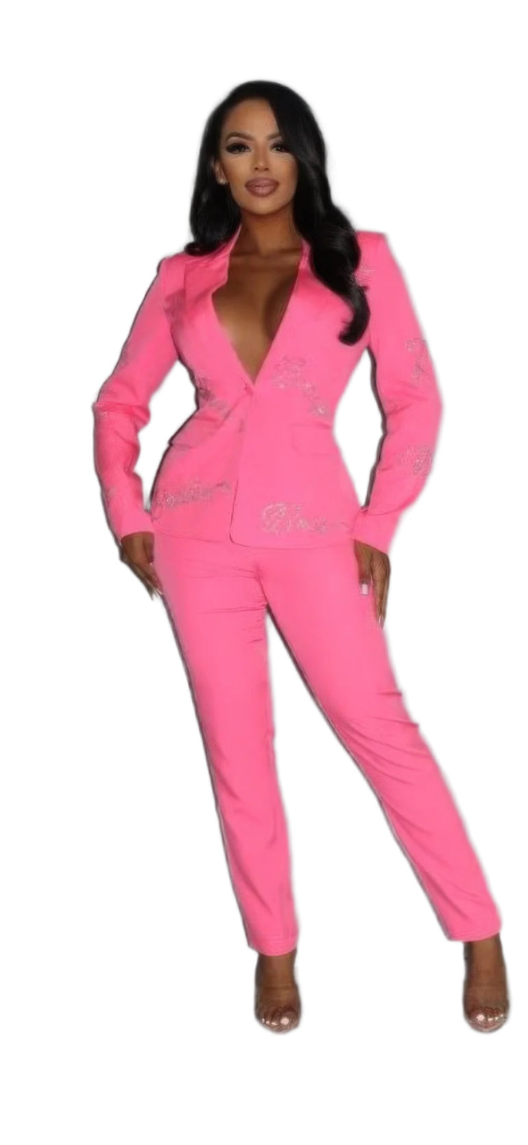 2 Piece Powersuit Blazer & Pants Set With Rhinestone Letterings On Blazer