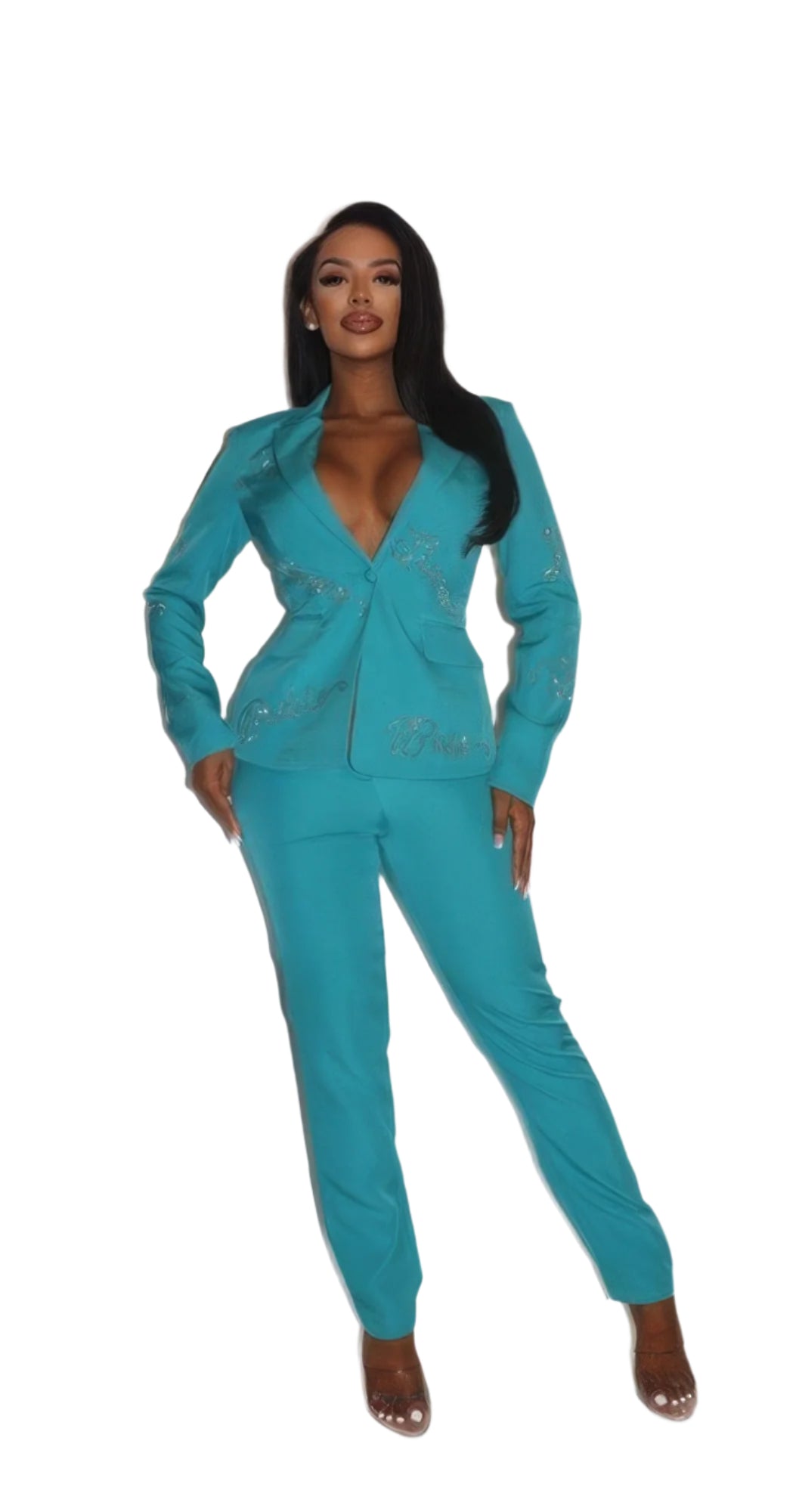 2 Piece Powersuit Blazer & Pants Set With Rhinestone Letterings On Blazer