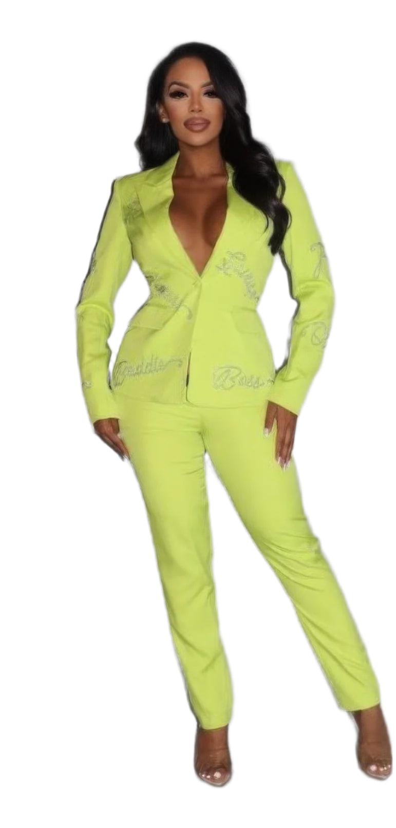 2 Piece Powersuit Blazer & Pants Set With Rhinestone Letterings On Blazer