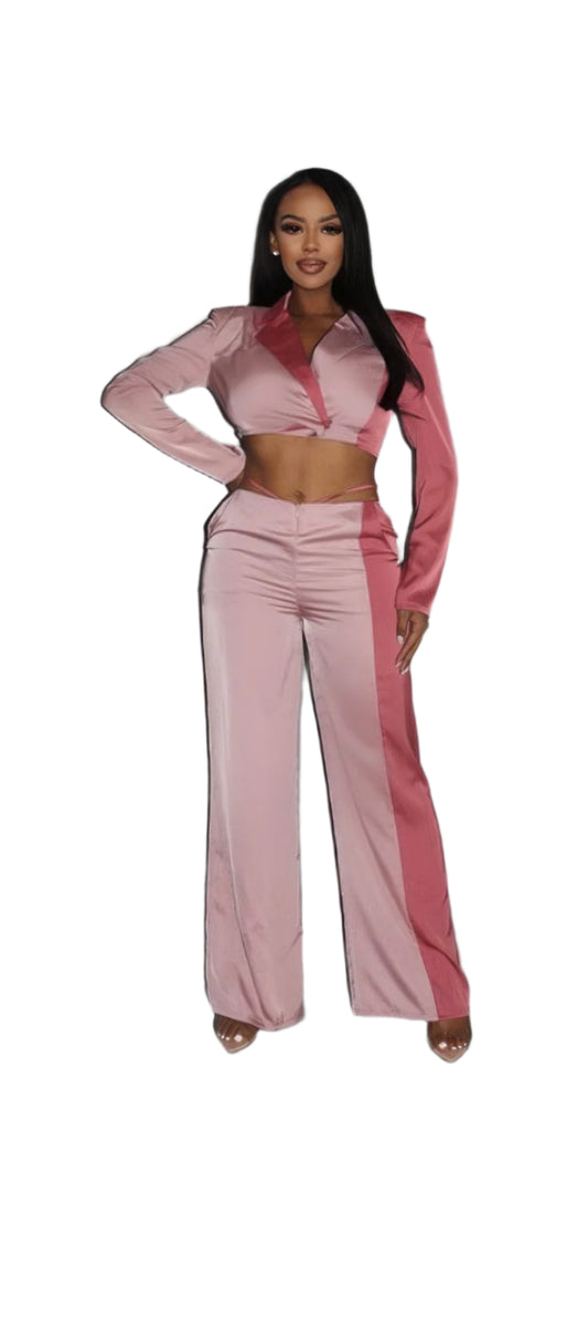 Colorblock Crop Blazer With Matching Low Rise Wide Leg Pant Set With Pockets