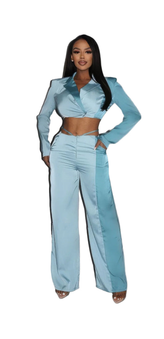 Colorblock Crop Blazer With Matching Low Rise Wide Leg Pant Set With Pockets