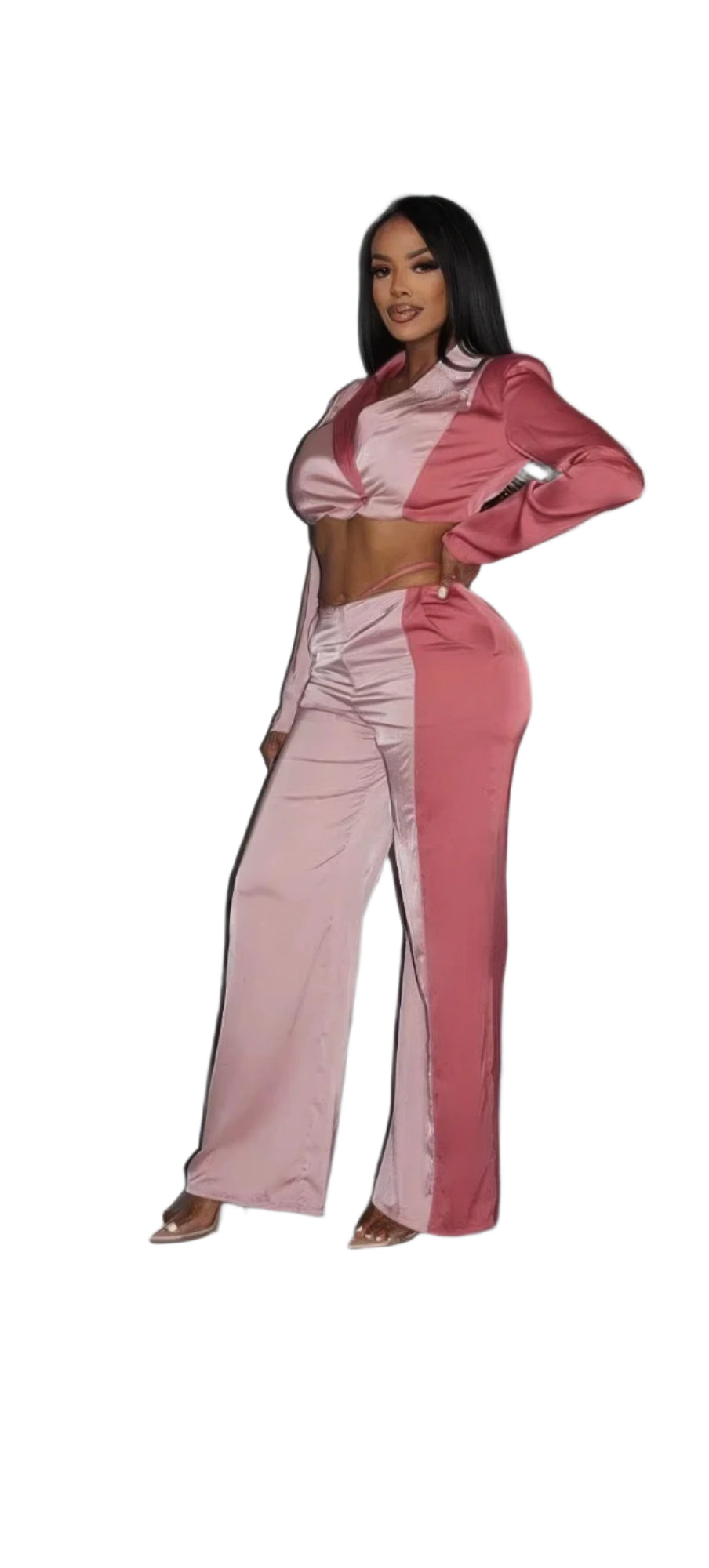 Colorblock Crop Blazer With Matching Low Rise Wide Leg Pant Set With Pockets