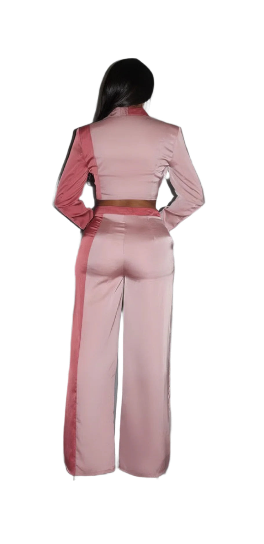 Colorblock Crop Blazer With Matching Low Rise Wide Leg Pant Set With Pockets