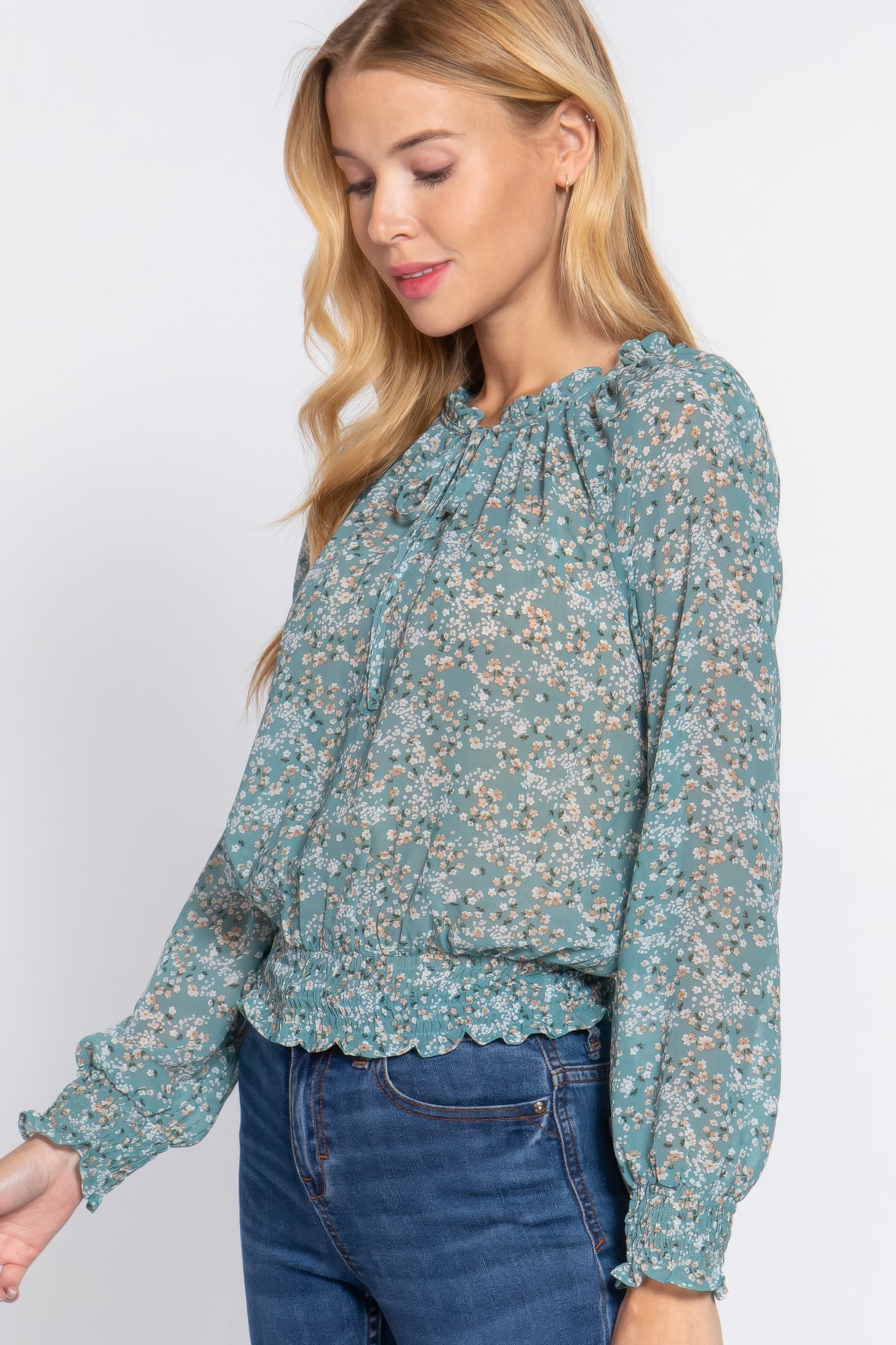 Long Slv Smocked Print Woven Top