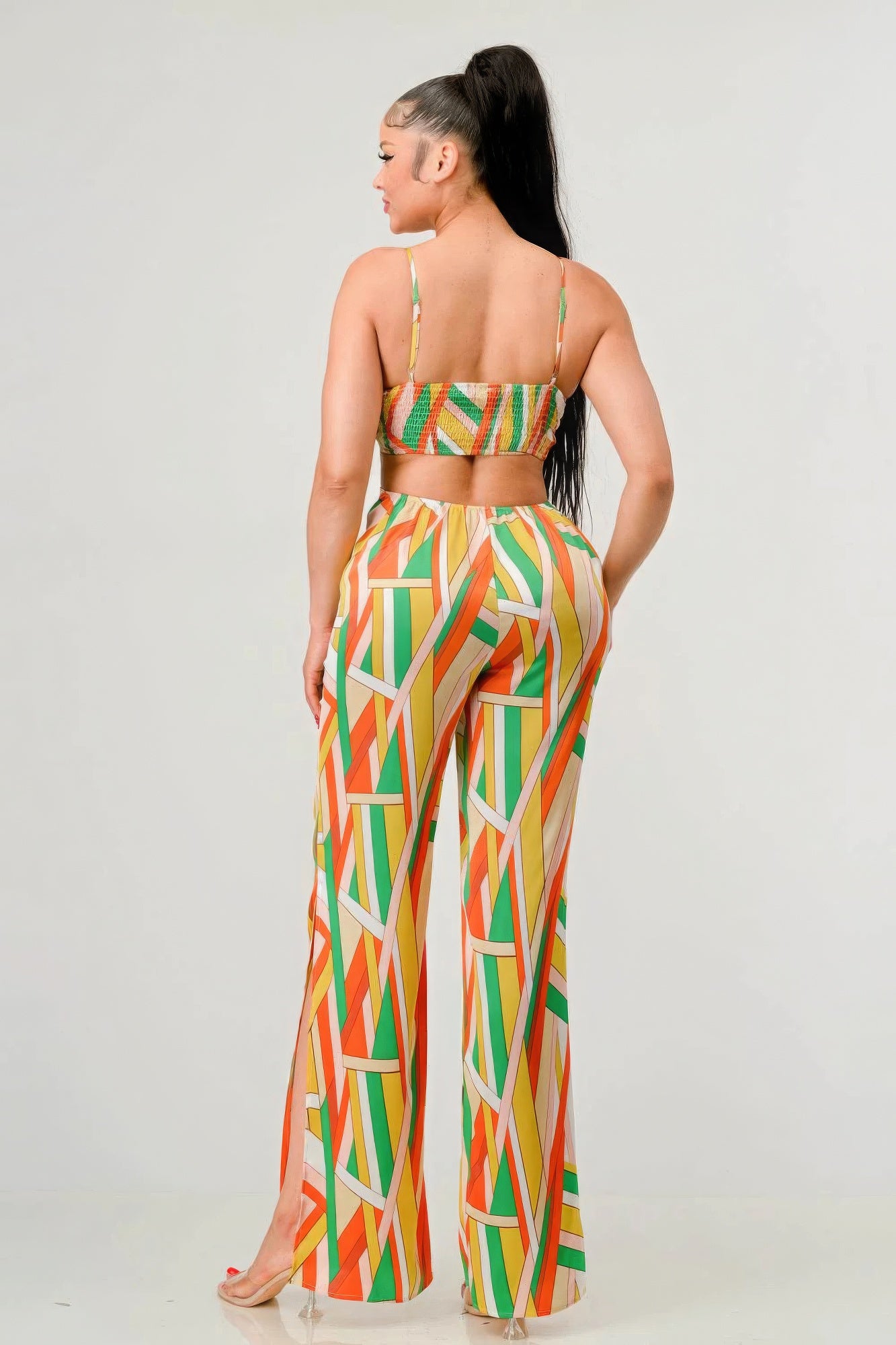 Luxe geo print satin bra top and palazzo jumpsuit