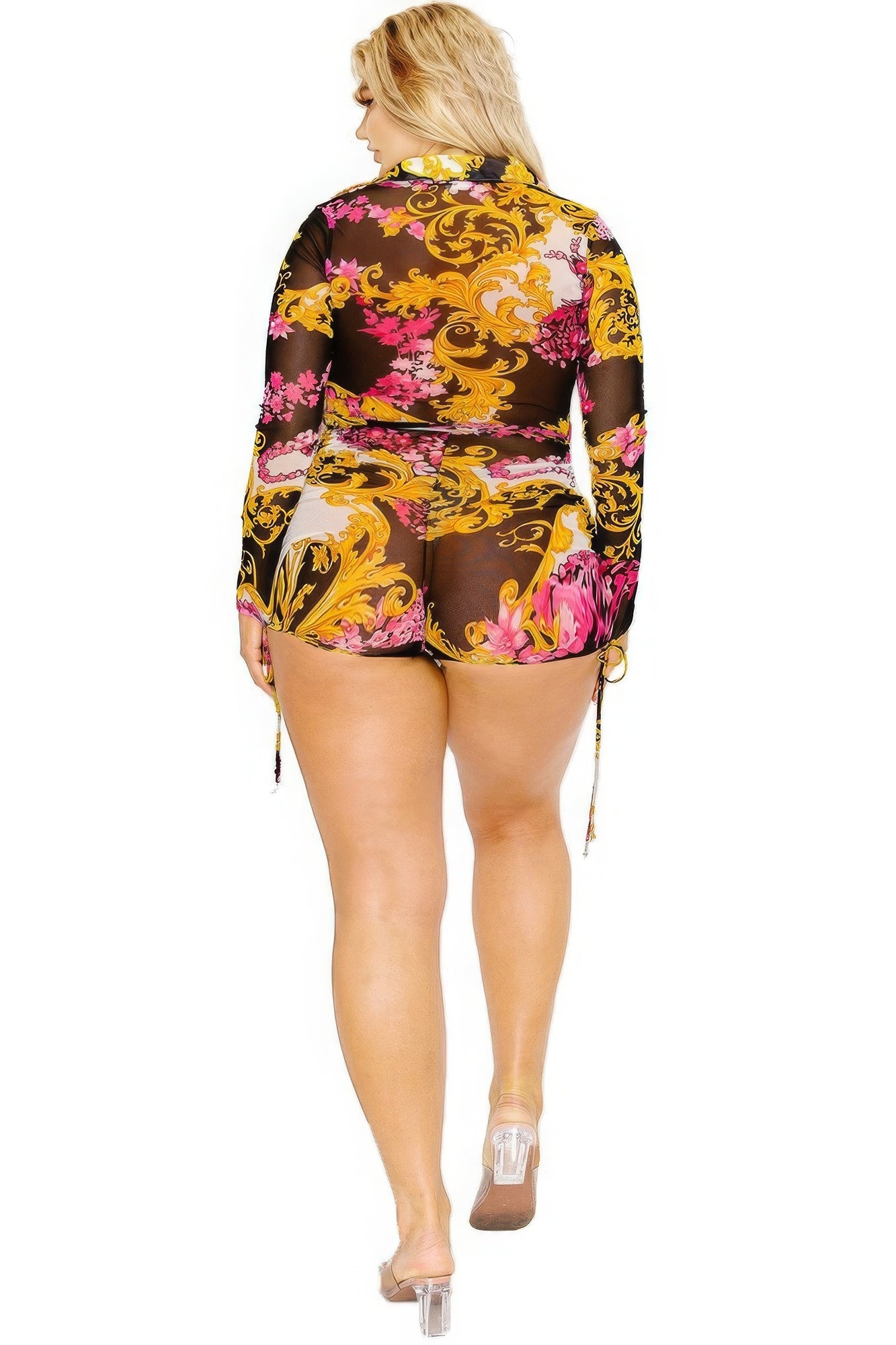 Plus gold & floral pattern print belted romper