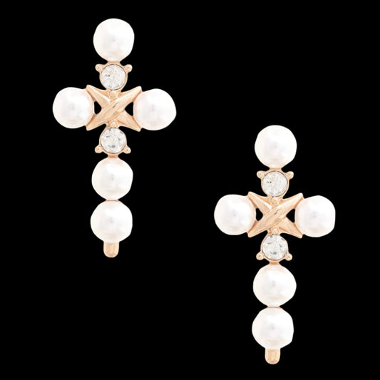 Pearl Bead Cross Dangle Earring